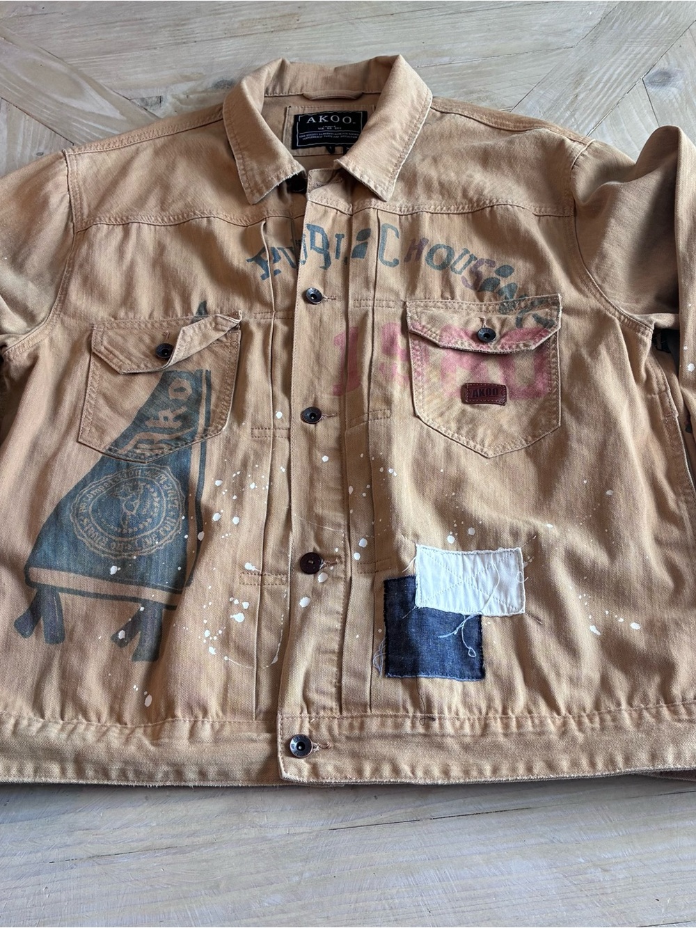 AKOO Tan Canvas Jacket with Painted Graphics and Patchwork